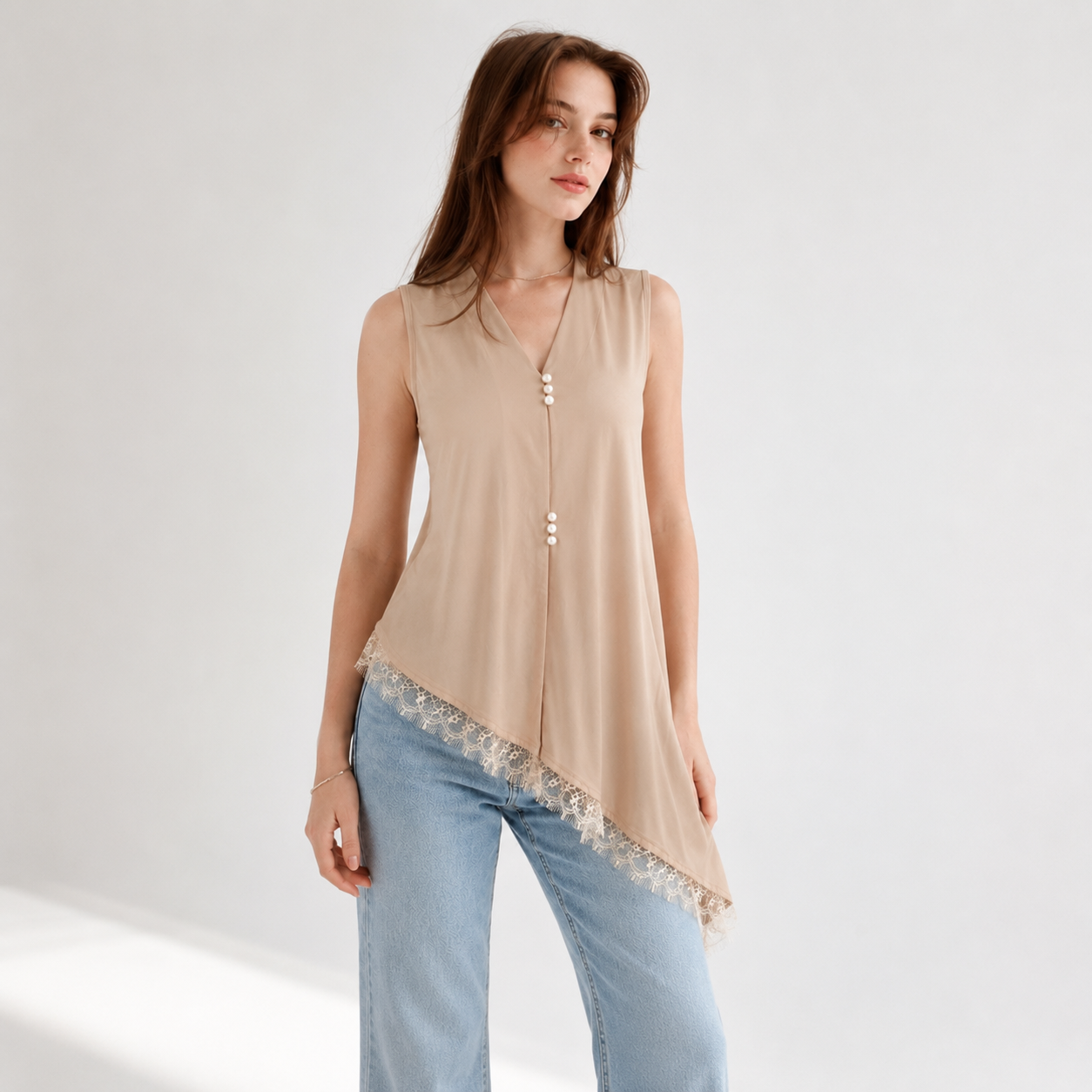 Sleeveless Lace Trim Shirt 11523