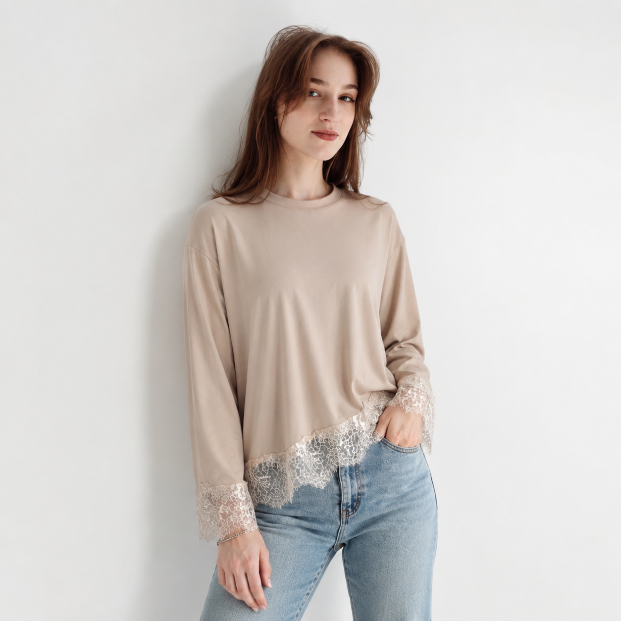 Lace Trim Long Sleeve Top 11533
