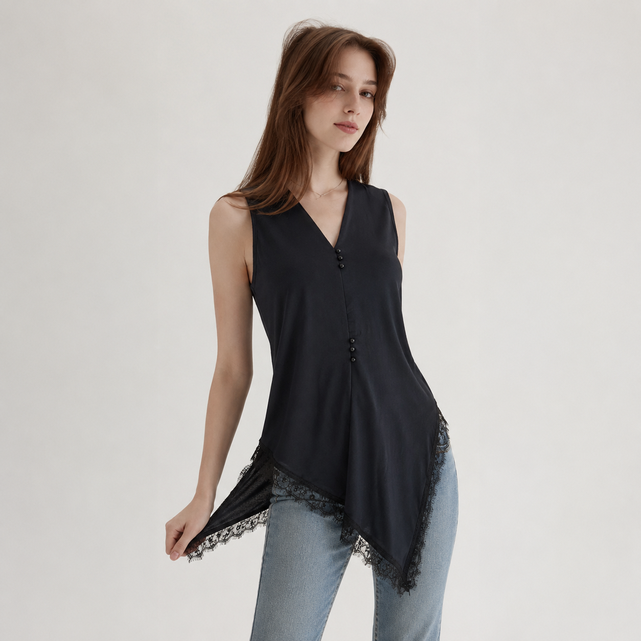 Sleeveless Lace Trim Shirt 11523